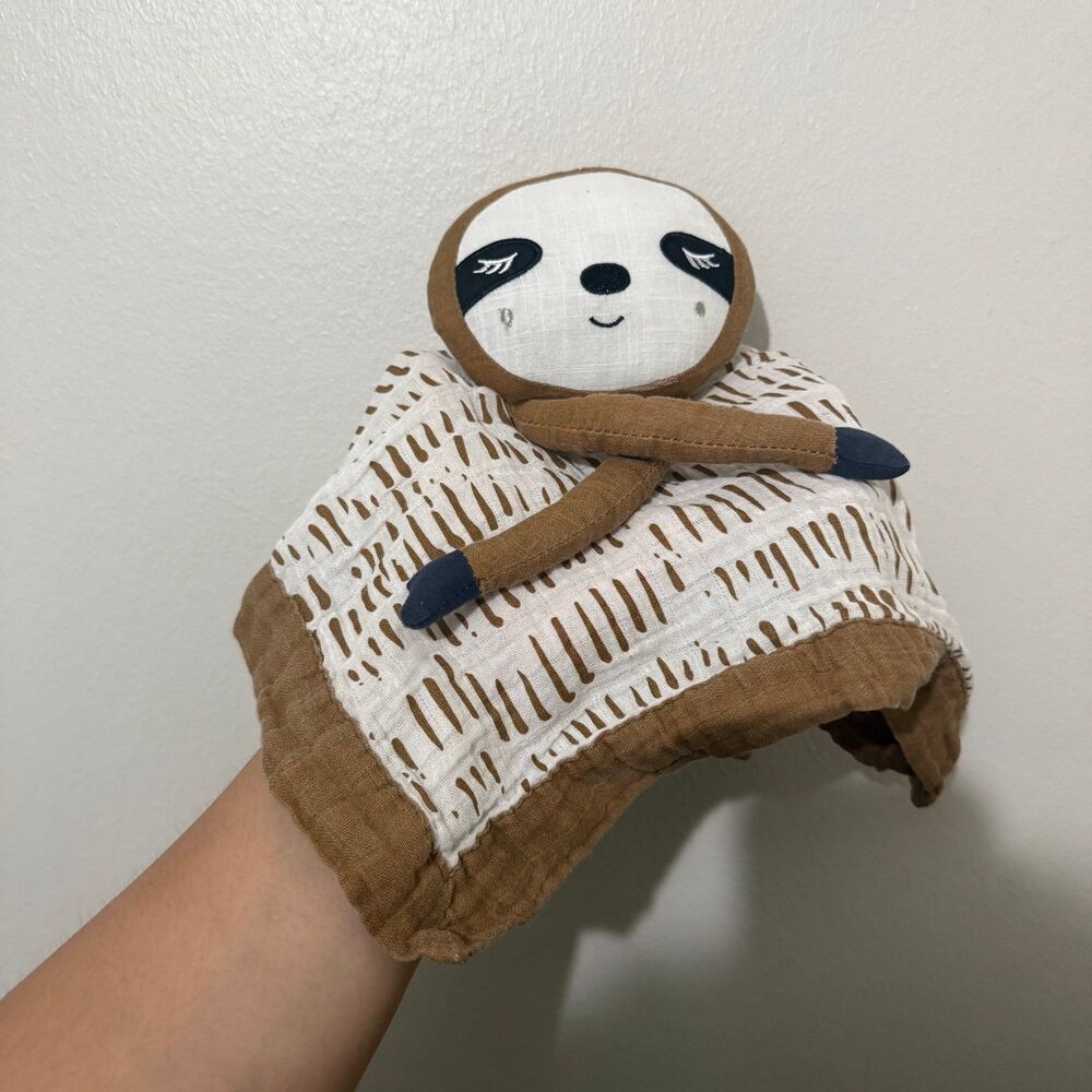 Lulujo Baby Lovey brown sloth White trim Muslin Security Blanket